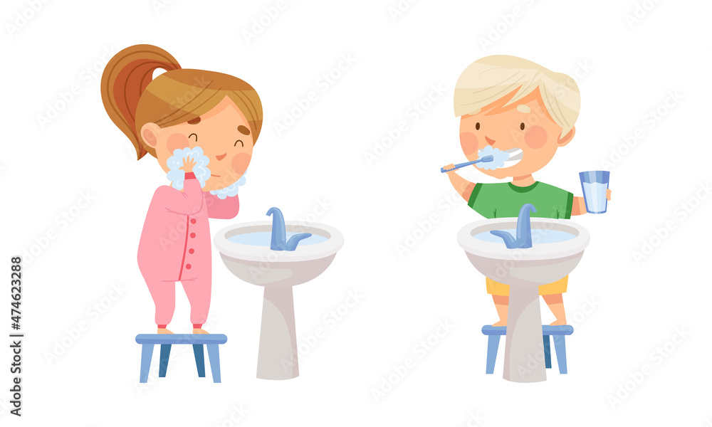 Children doing everyday hygiene activities in bathroom set. Kids washing and brushing their teeth vector illustration