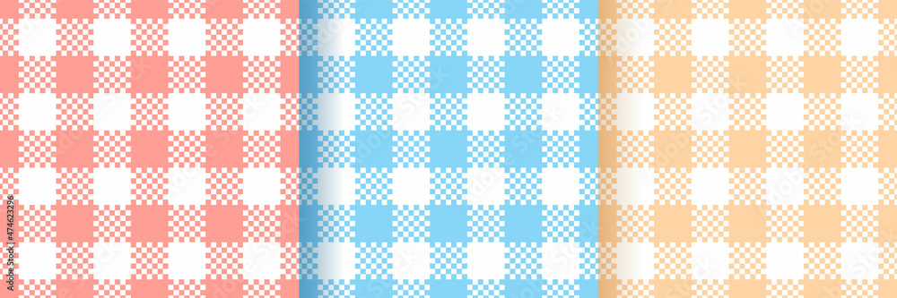 Checkered seamless pattern. Gingham vichy prints. Set of buffalo backgrounds. Blue, red, yellow plaid texture. Pastel retro wallpaper. Cloth textile grid. Simple flannel backdrop. Vector illustration. Checkered seamless pattern. Gingham vichy prints. Set of buffalo backgrounds. Blue, red, yellow plaid texture. Pastel retro wallpaper. Cloth textile grid. Simple flannel backdrop. Vector illustration.