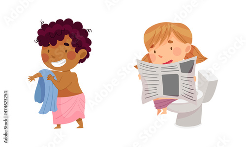 Children doing everyday hygiene activities in bathroom set. Cute boy wiping with towel, girl sitting on toilet bowl vector illustration