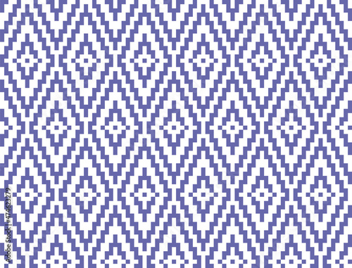 Color of year 2022 very peri background. Geometric seamless pattern with violet pixel art rhombus on white background. Abstract diamond vector pattern. Simple vector illustration. Zigzag design