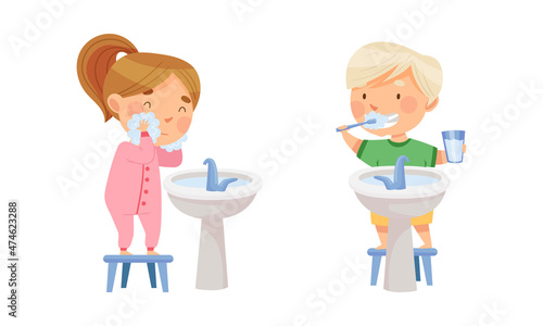 Children doing everyday hygiene activities in bathroom set. Kids washing and brushing their teeth vector illustration
