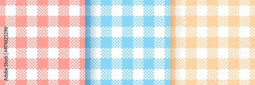 Checkered seamless pattern. Gingham vichy prints. Set of buffalo backgrounds. Blue, red, yellow plaid texture. Pastel retro wallpaper. Cloth textile grid. Simple flannel backdrop. Vector illustration.