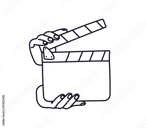 Doodle clapperboard open in the hands of the outline. Hand-drawn vector illustration of movie clapperboard isolated on white background. Cartoon cinematography tool black on white.