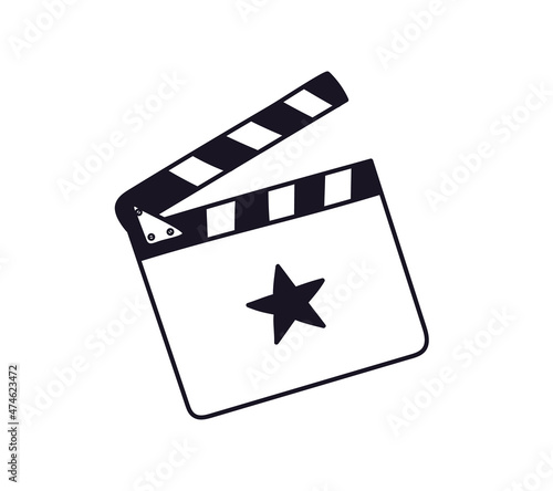 Opened doodle clapperboard with a star. Hand-drawn clapper film production. Black on white vector illustration of an outline clapperboard for shooting a movie isolated on a white background.