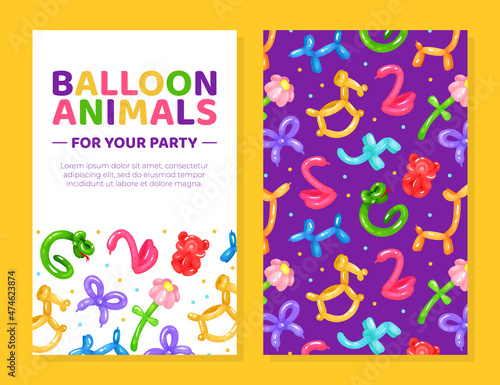 Balloon animals invitation card, flyer template with twisted bright cute toys seamless pattern vector illustration
