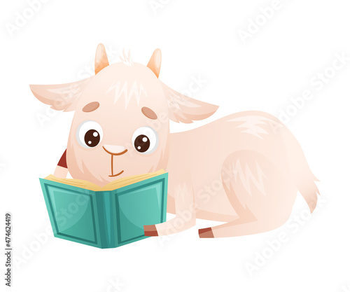 Cute goatling reading book. Smart baby animal sitting and studying with book cartoon vector illustration