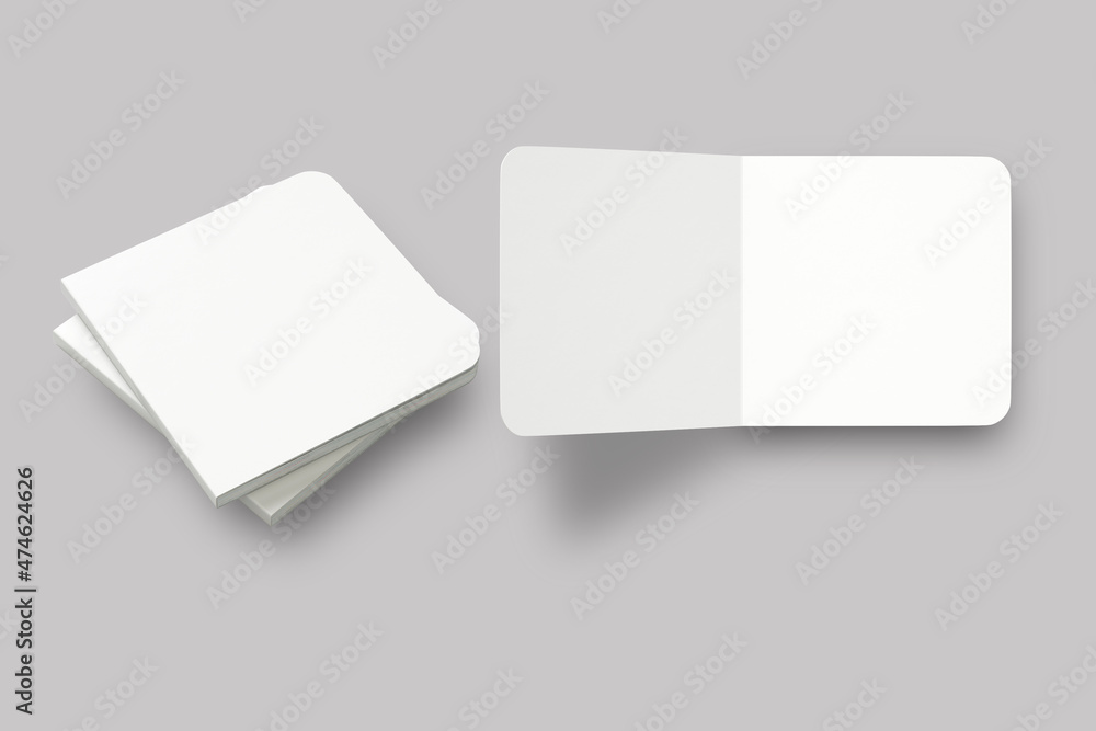 Square blank realistic children book mockup template isolated on a grey background. 3d rendering. Square blank realistic children book mockup template isolated on a grey background. 3d rendering.