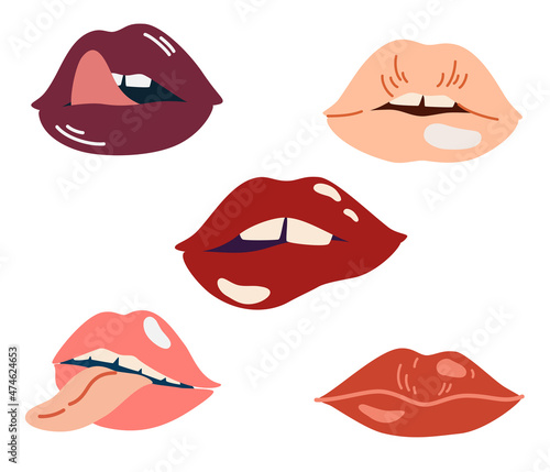 Woman's lip set. Trendy lipstick colors makeup. Girl mouths different emotions. Hand drawn set for beauty prints, fashion. Female. Vector illustration.