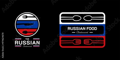 Russian Food Restaurant Logo. Russia flag symbol with Spoon, Knife, and Fork icons. Luxury and Premium Logo illustration