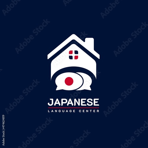 Learning Japanese Language Class Logo. language exchange program, forum, and international communication sign. With Japan Flag, house, and chat bubble icon. Premium and luxury illustration vector