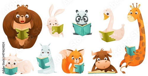 Cute baby animals reading books set. Smart hippo, calf, giraffe, pup, cow, rabbit sitting and studying with book cartoon vector illustration