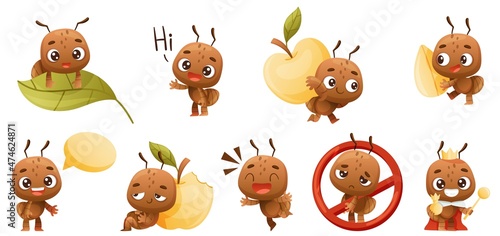 Cute brown little ant doing various activities set. Funny insect cartoon character vector illustration