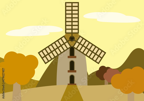 Paisaje veraniego de molino de viento medieval.