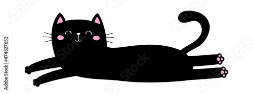 Lying black cat. Cute kawaii cartoon baby pet character. Long body. Cute chilling kitten head face. Happy Halloween. Greeting card print. Flat design. White background. Isolated.