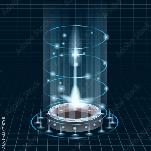 Futuristic portal sky-fi digital, circle science teleport tunnel with light rays and glows, podium, projector. Vector illustration, black blue background