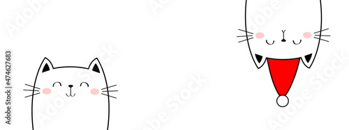 Cat set. Line banner. Merry Christmas Happy New Year. Upside down. Red Santa hat. Funny cute kawaii doodle animal. Two kitten kitty. Cartoon funny baby pet character. Flat design. White background