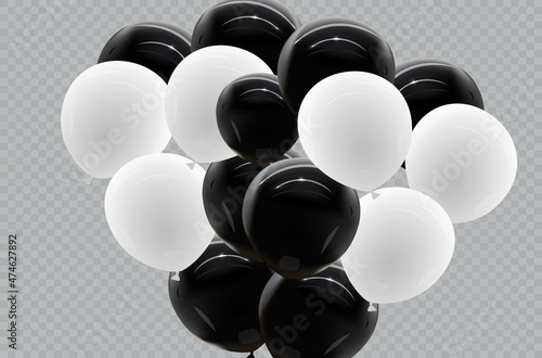 Balloon border with shiny gold glitter and star confetti isolated on transparent background. Vector realistic golden festive 3d helium baloons banner for anniversary, birthday party design