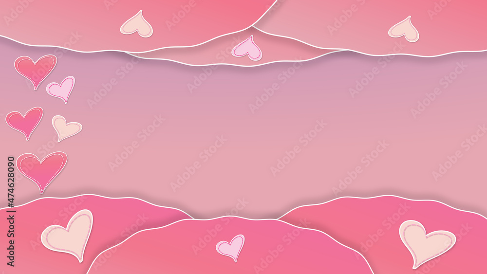 Illustration festive background with hearts, pink, clouds. Pink template for Valentine's Day, women's Day, Mothers' Day.
