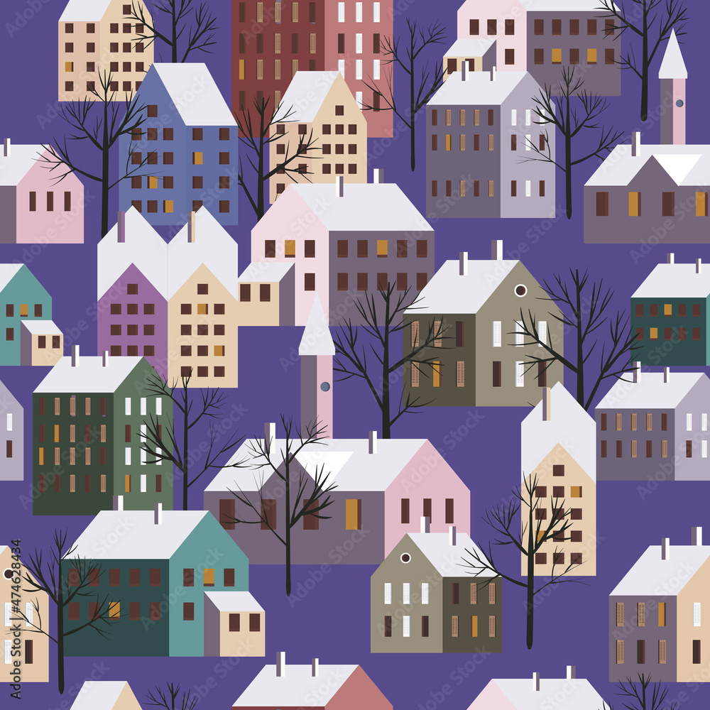 Seamless winter city landscape. Christmas scandinavian town, trees houses, seasone pattern New Year and Christmas holidays. Vector illustration minimalism style