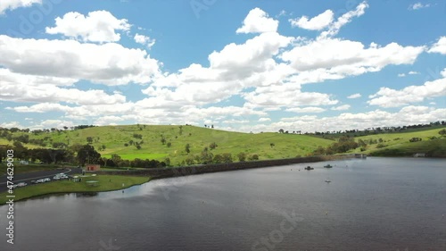 Aerial: Flying over the Chifley Dam on a sunny day, near Bathurst Australia photo