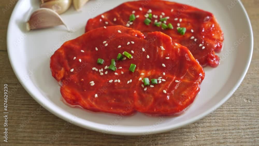 pork Korean marinated or fresh pork raw marinated with Korean spicy paste for grilling in Korean style pork Korean marinated or fresh pork raw marinated with Korean spicy paste for grilling in Korean style