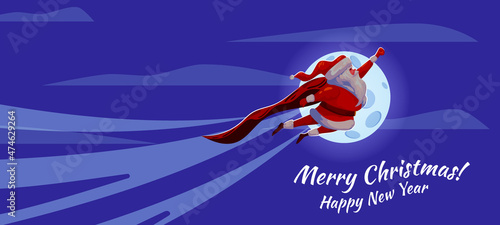 Santa Claus funny as Superhero wearing cape flying night sky. Merry Christmas poster background cartoon style illustration