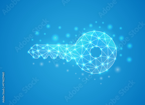 Key low poly symbol with white connected dots. 3d geometric polygonal Key. Security, secret, private design vector illustration.