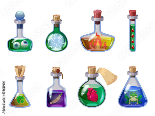 Set of bottles magic potion. Game icons liquid elixir colorful with eyes, heart, bone, blood, frog, finger, fire, clover. Vector game asset app UI