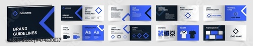 Multi-purpose Brand Guidelines template. Brand Manual presentation mockup. Dark blue Logo Guideline template. Logo Guide Book layout