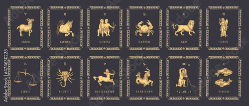Vintage horoscope cards in vector. Zodiac symbols.