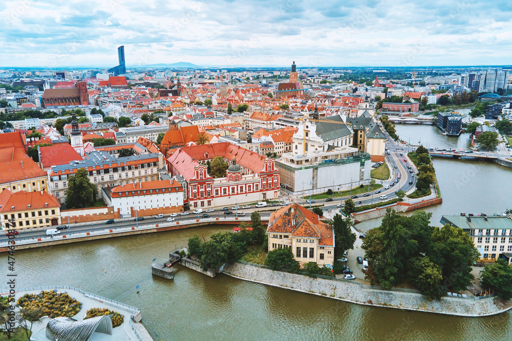 Panorama of Wroclaw city in Poland. Street of Wroclaw, aerial view. Europe town cityscape.