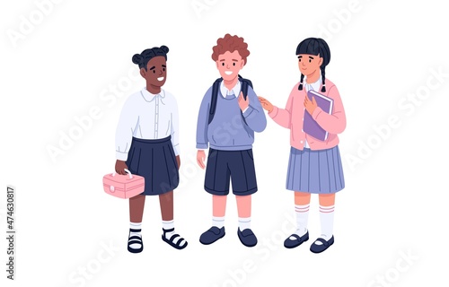 Happy junior school children. Diverse classmates portrait. Kids friends standing together. Smiling girls and boy, elementary schoolkids. Flat vector illustration isolated on white background