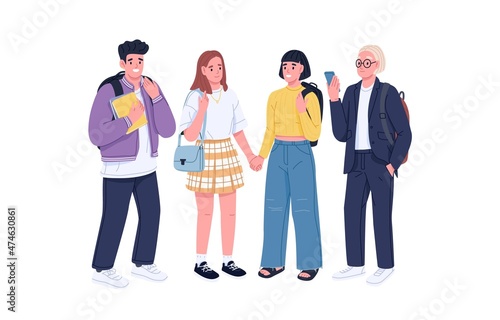 Happy friends portrait. Teenagers classmates standing together. Modern high school students. Boys and girls in casual clothes. Flat vector illustration of schoolchildren isolated on white background