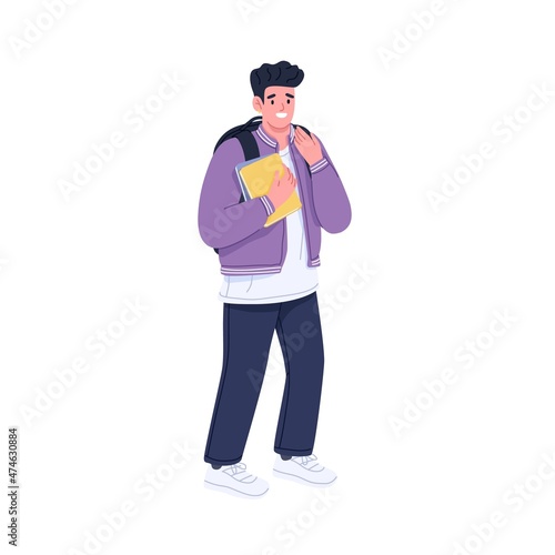 High school student portrait. Happy teenager pupil with book and bag. Young smiling schoolboy in modern casual outfit. Cheerful guy from college. Flat vector illustration isolated on white background