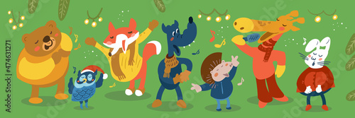 Cute animals sing songs, forest characters and elements in flat cartoon style. Hand drawn vector illustrations for cards, congratulations, prints, labels, posters.