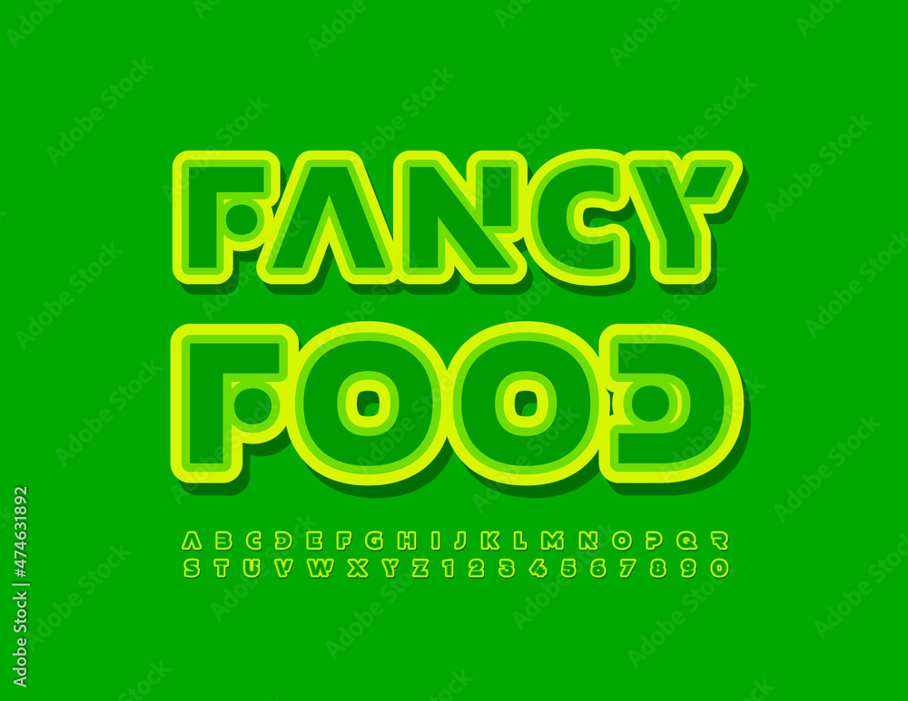 Vector unique sign Fancy Food. Green abstract Font. Sticker style Alphabet Letters and Numbers set Vector unique sign Fancy Food. Green abstract Font. Sticker style Alphabet Letters and Numbers set