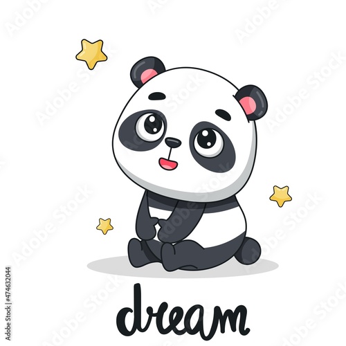 Cute baby panda sits among the stars, looks up. Dreamy look. Postcard in cartoon kawaii style. Vector for design, banners, children's books and patterns