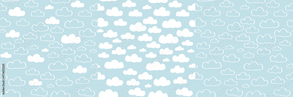 Blue sky and cartoon cotton clouds background set. Vector seamless patterns with nature inspired simple fuzzy shapes graphic.
