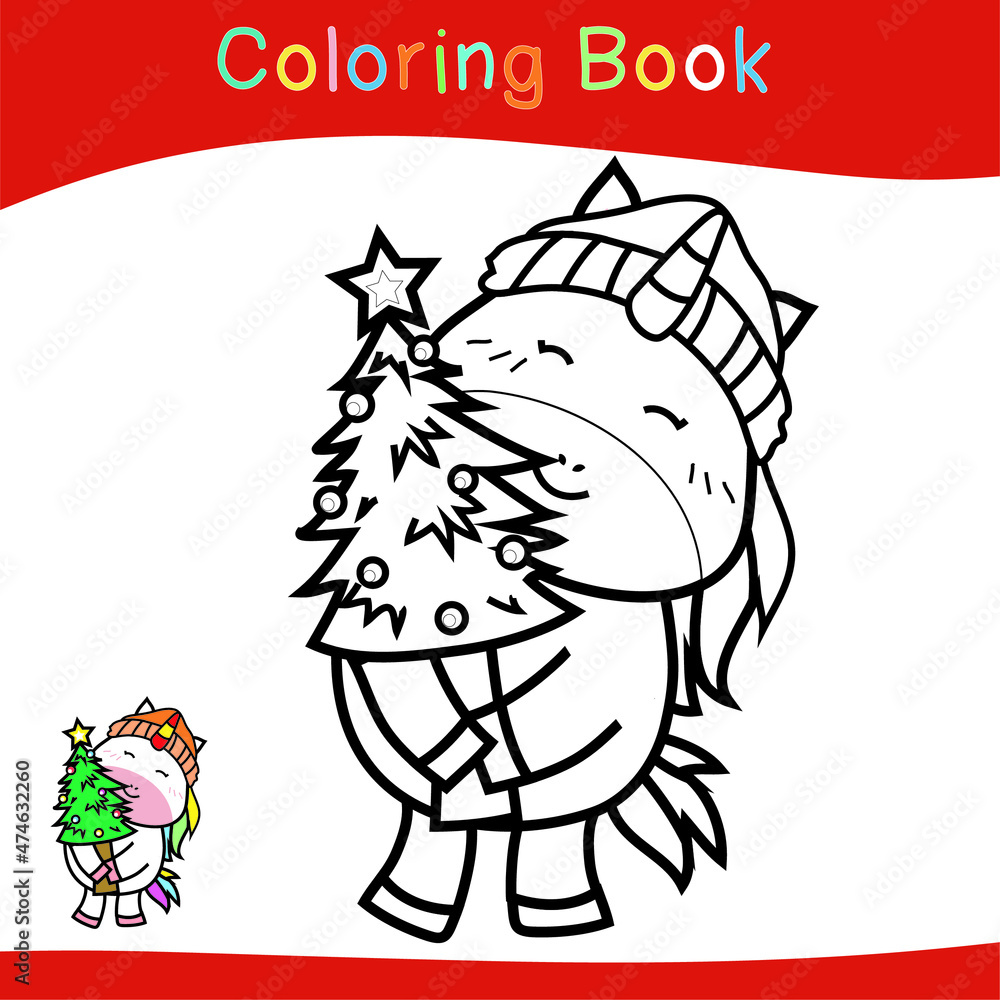 Coloring Unicorn Christmas sets worksheet page. Educational printable coloring worksheet. Coloring game for preschool children. Black and white vector illustration. Motor skills education.