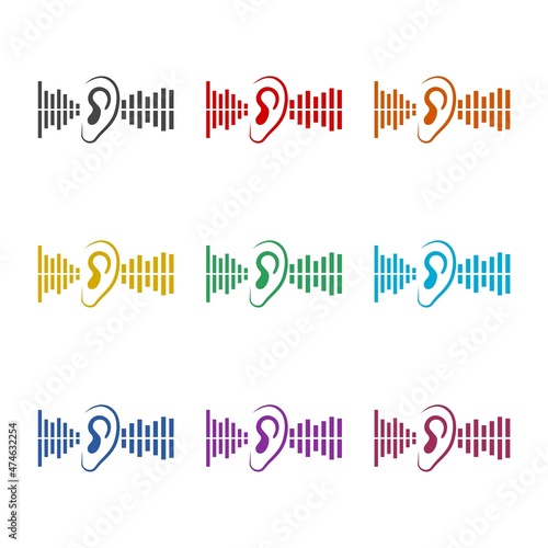 Canvastavla Human ear anatomy and auditory icon isolated on white background, color set