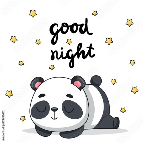 The baby panda sleeps among the stars. Good night lettering. Postcard in cartoon kawaii style. Vector for design, banners, children's books and patterns