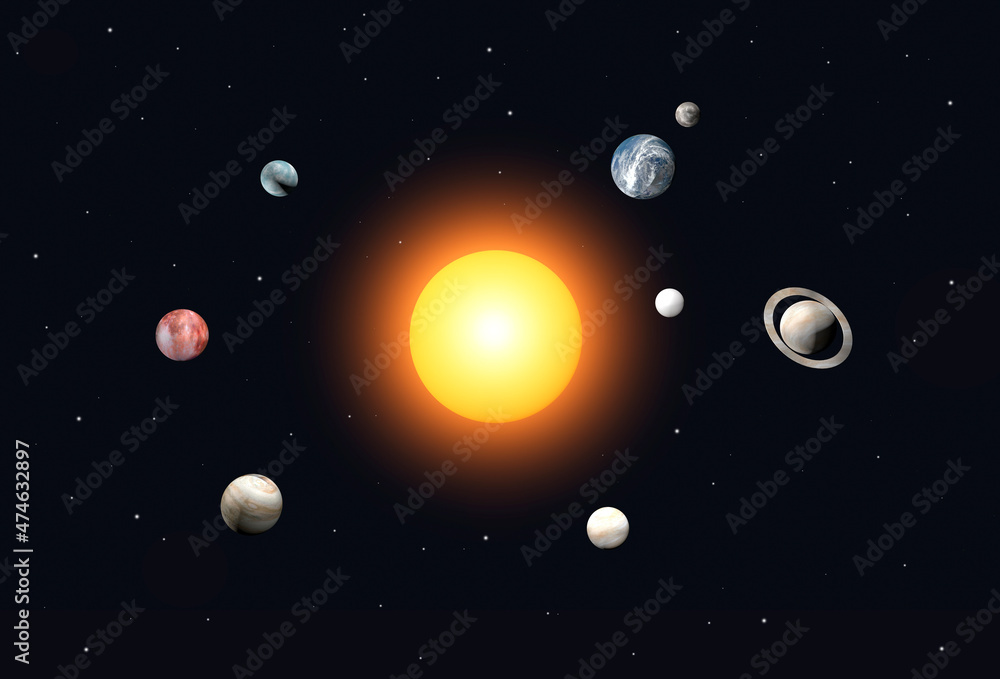 Solar system of planets in space 3d. The sun, Earth, Mars, Jupiter and other space objects against the background of the black starry space of the universe. Astranomy, education, science concept. Solar system of planets in space 3d. The sun, Earth, Mars, Jupiter and other space objects against the background of the black starry space of the universe. Astranomy, education, science concept.