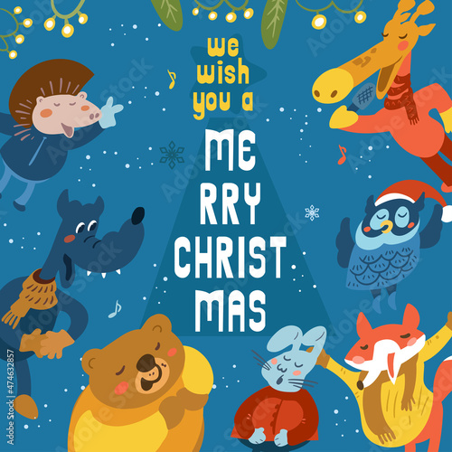 Merry Christmas lettering. Cute animals sing songs, letters and elements in flat cartoon style. Hand drawn vector illustration for cards, greetings, prints, labels, posters. Isolated characters.