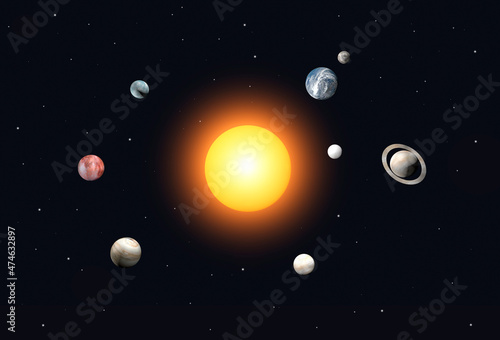 Solar system of planets in space 3d. The sun, Earth, Mars, Jupiter and other space objects against the background of the black starry space of the universe. Astranomy, education, science concept. photo