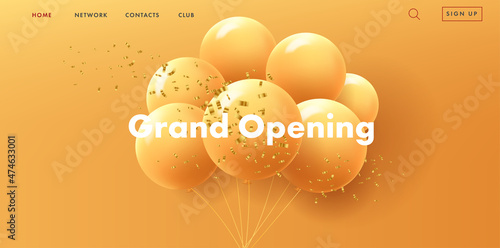 grand opening web banner with bunch of round red air balloons on red background with golden confetti, modern style landing page design photo