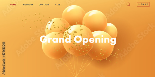 grand opening web banner with bunch of round red air balloons on red background with golden confetti, modern style landing page design