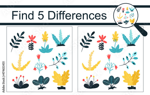 Find the differences. Educational game for children. Collection of colorful insects, butterflies, beetles, dragonflies, flowers. Vector illustration, cartoon style.