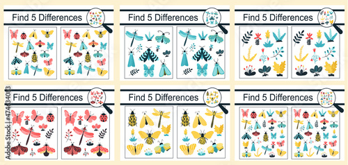 Find the differences. Educational game for children. Collection of colorful insects, butterflies, beetles, dragonflies, flowers. Vector illustration, cartoon style.