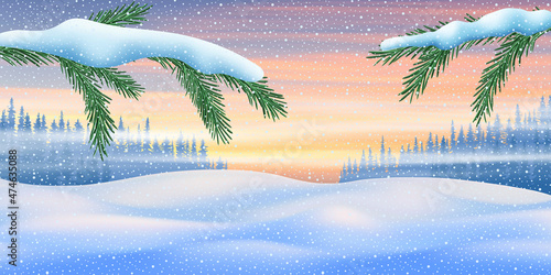 Festive winter landscape, New Year. Evening light and spruce branches.