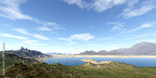 Alien Planet. Mountain and lake. 3D rendering